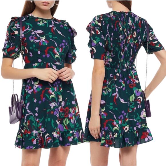 Kate Spade Fleur Nouveau Mini Dress Smocked Ruffle Green Size 4 - Picture 1 of 7
